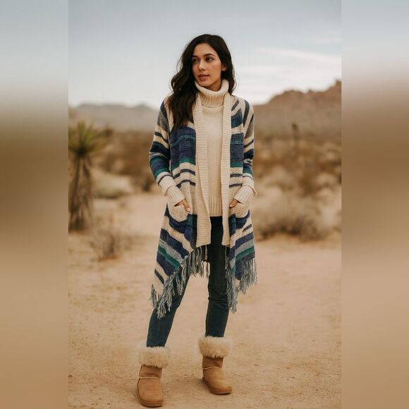 Fringe Knit Cardigan Sweater M Navy Green Blue Cream Open Front Long Line - Picture 1 of 6